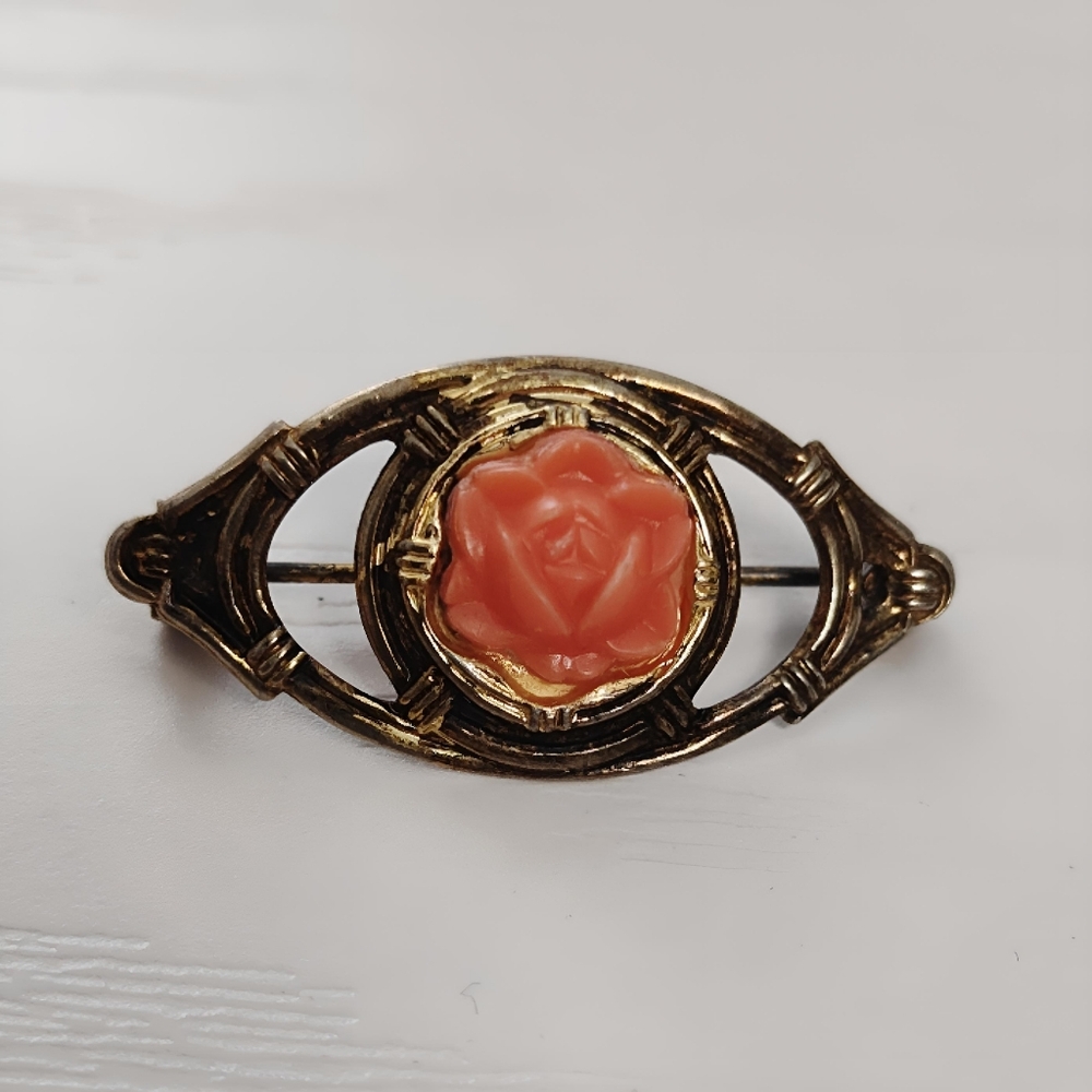 Vintage 1930's Sterling Silver Gold Vermeil Celluloid Coral Rose Brooch Pin